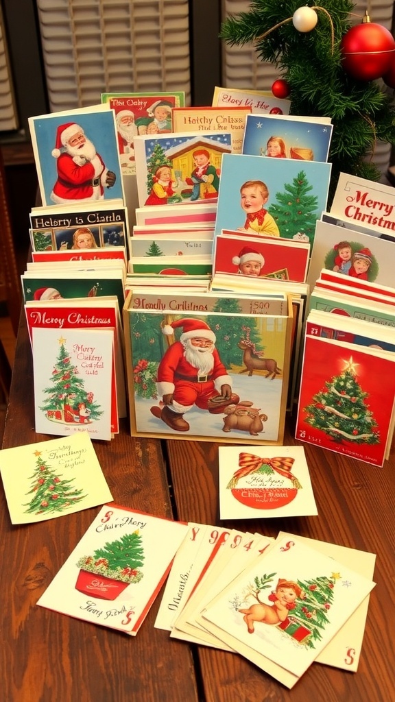 Vintage 1950s Christmas Card Collection A display of vintage 1950s Christmas cards with Santa, Christmas trees, and festive designs on a wooden table.
